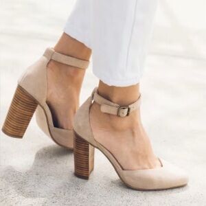 Anthropologie Soludos Collette block heel Suede Sand Tan pumps ankle strap Size9